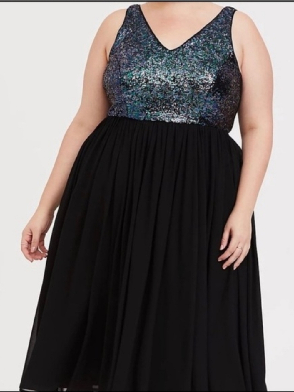 Plus Size Black Chiffon Gown with Iridescent Sequin Bodice